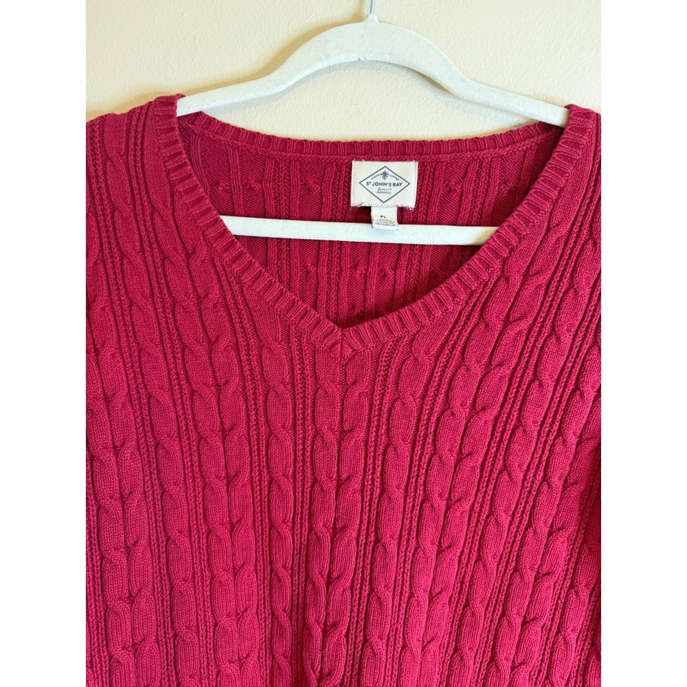 St John's Bay Womens PL Petite Large Red Cable Knit Sweater V Neck Preppy - Picture 2 of 6